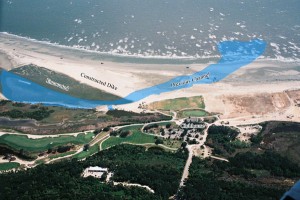 Ocean Course after inlet relocation – the original inlet, which threatened the course, is overlaid in blue.